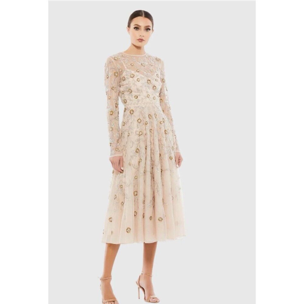 Mac Duggal Embellished Cream Midi Dress
